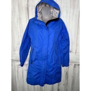 WOMENS BLUE LL BEAN HOODED RAIN COAT JACKET‎ FULL ZIP POCKETS LONG COAT SMALL